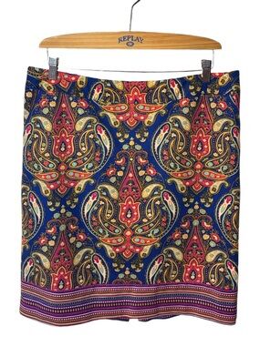 Merona Blue and Red Paisley Skirt with Striped Accents Size 16